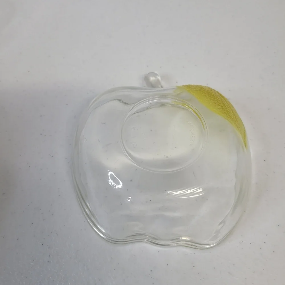 Vintage Apple Shaped Clear Glass Small Bowl Yellow Leaf‎ Detail Trinket Dish